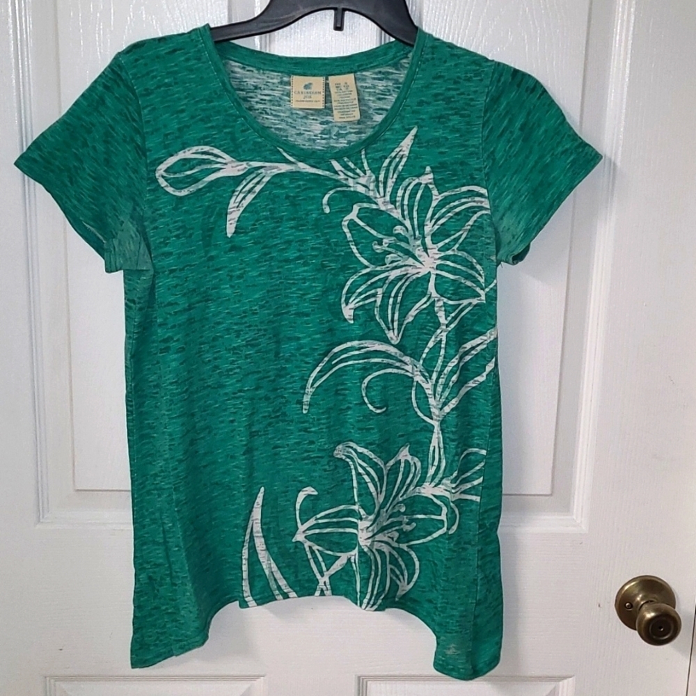 Caribbean Joe Island Supply Co. Semi-Shear Short Sleeve Top Sea Green Blue Small